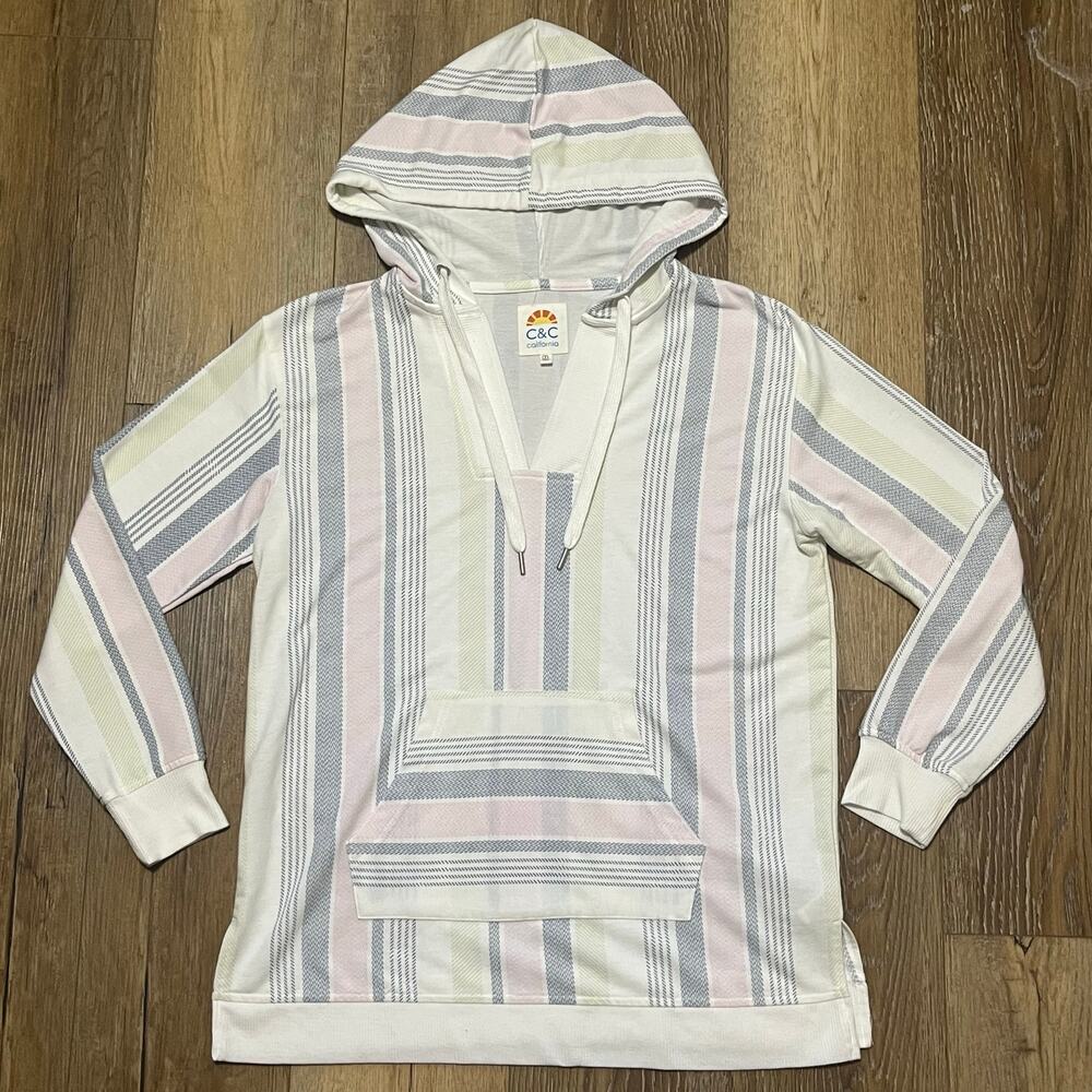 C&C California Baja Beach Striped Hoodie Women M Surf Pastel Coastal Boho Cozy